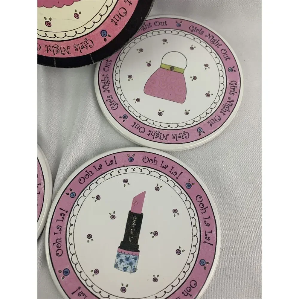 Set of 4 Girls Night Out Ceramic Coasters in Box Pink Black Foam Back 4